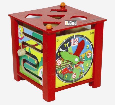 Wooden multi-activity cube toy with clock and shapes