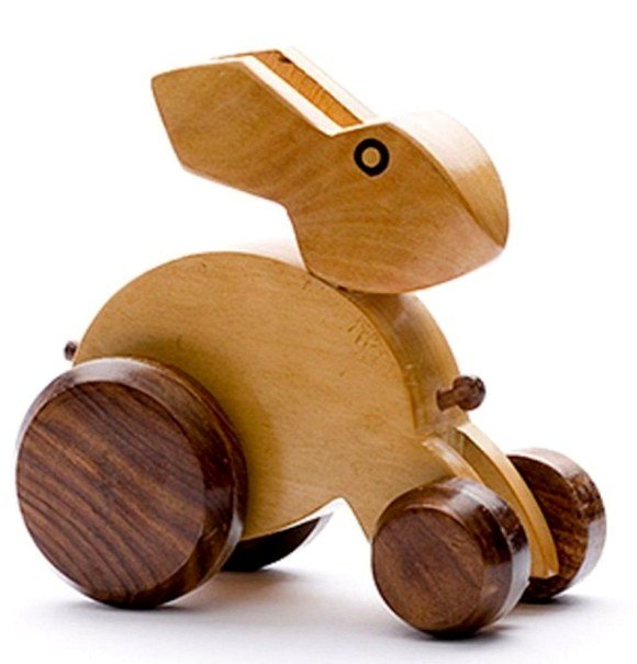 Wooden bunny pull-along toy on wheels