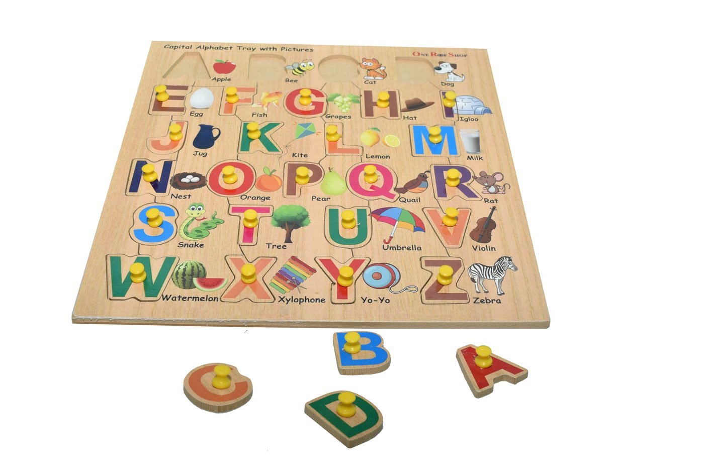 Wooden capital alphabet puzzle tray with picture cues