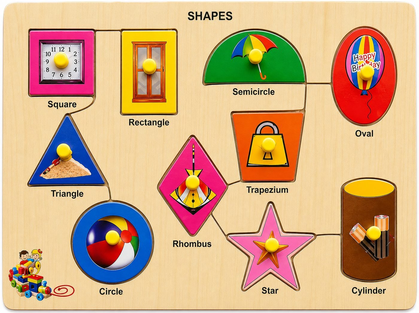 Wooden shapes puzzle board with labelled shapes