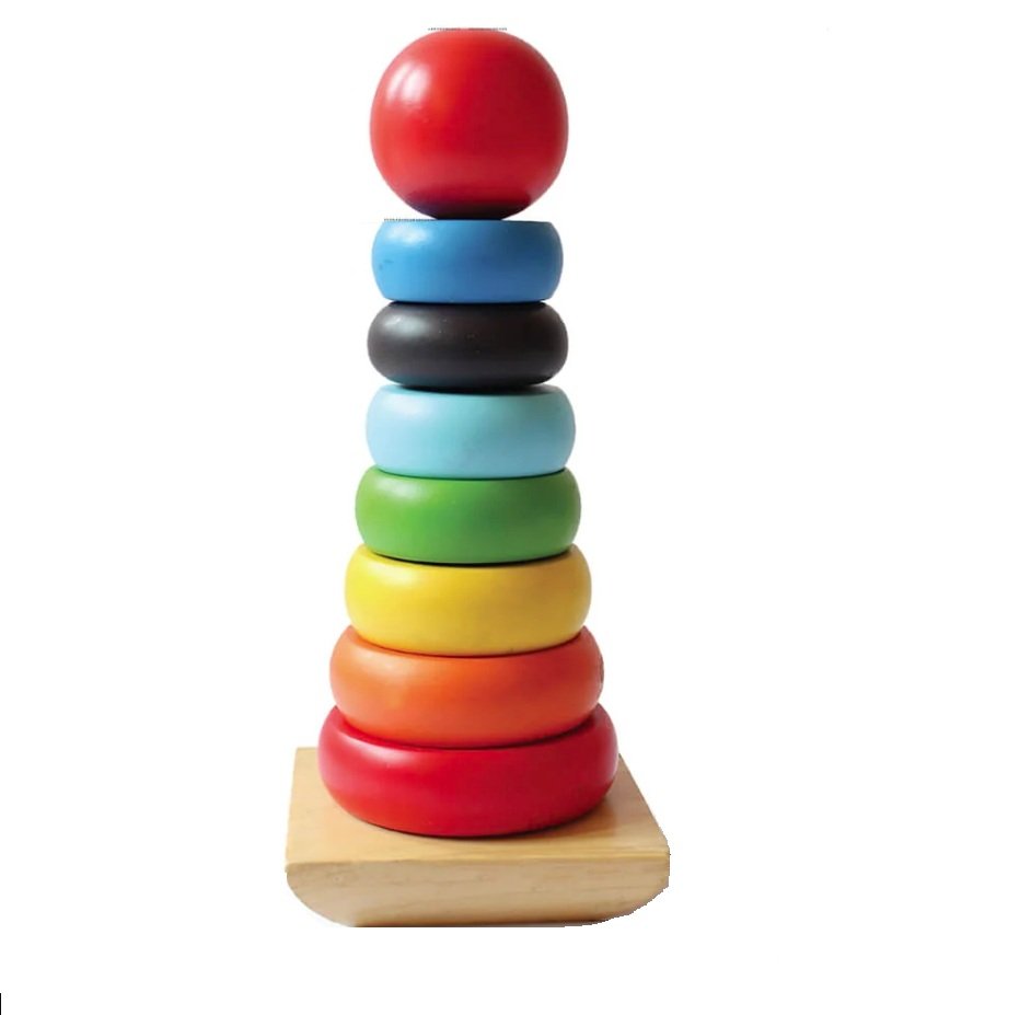 Wooden stacking rings toy on wooden base