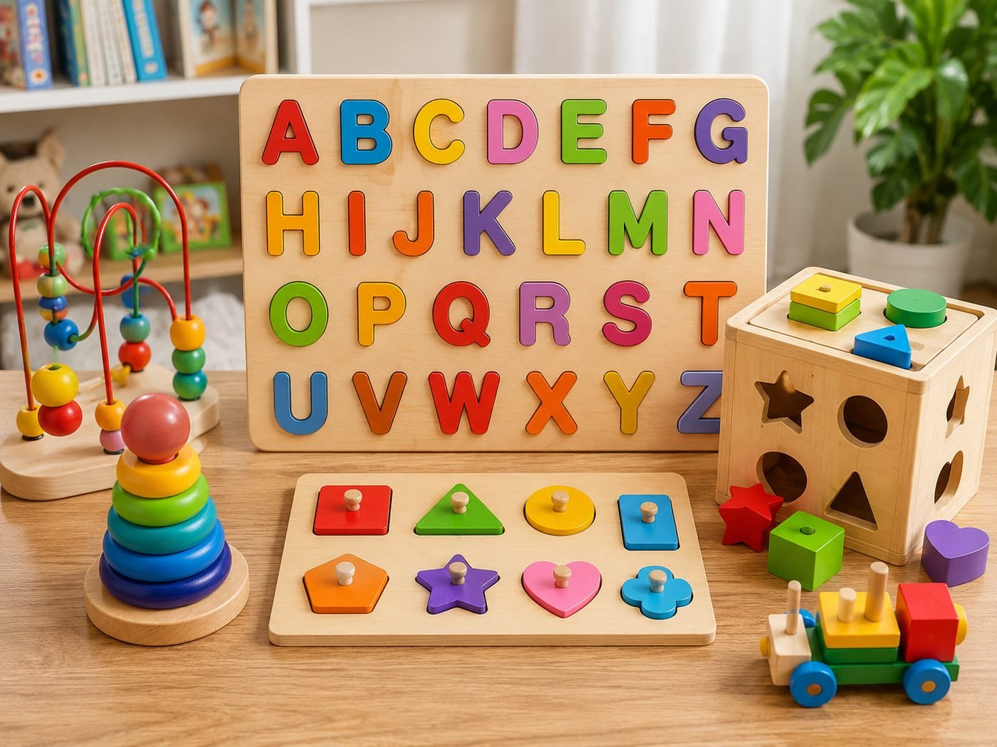 One Roof Shop wooden toys collection — alphabet puzzle, shape sorter, stacking rings and building blocks