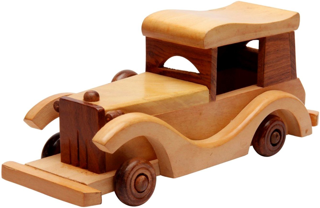 Wooden vintage car toy in natural wood finish